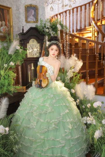 Princess A Line Sweetheart Neck Beaded Green Tiered Tulle Long Party Dress Evening Dress HZ1023